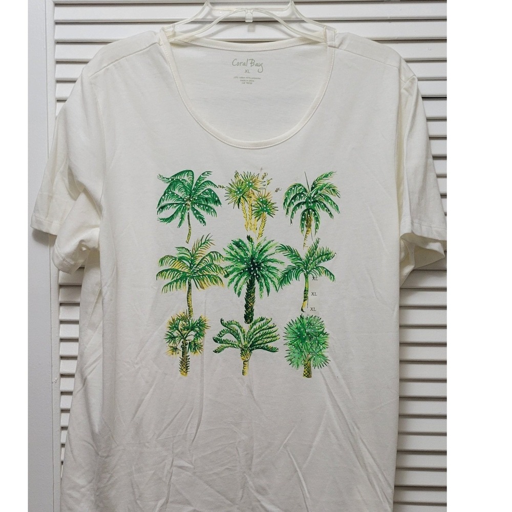 Rhinestone Graphic Tee Cream Short Sleeve T-Shirt Coral Bay Womens XL Palm Tree